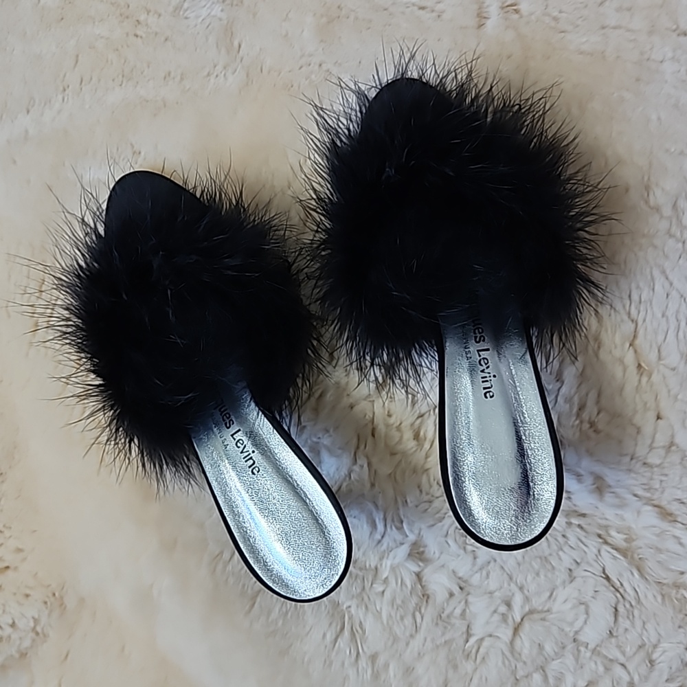 Vintage Jacques Levine Black Satin + Feather Mules - Picture 2 of 7